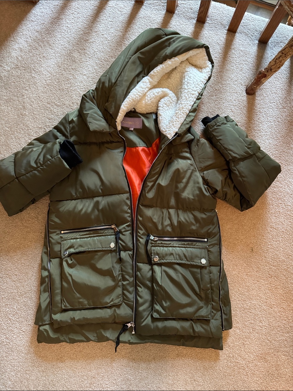 Madden Girl Olive Green Puffer Coat with White Sherpa Hood and Orange Interior
